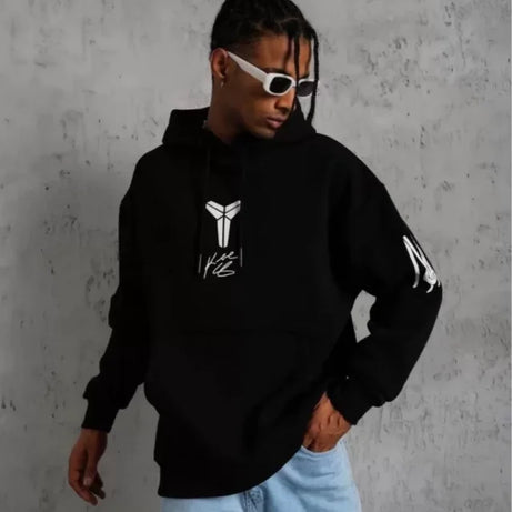 Unisex Sırt Baskılı Kapüşonlu Üç İplik Oversize Sweatshirt - Siyah