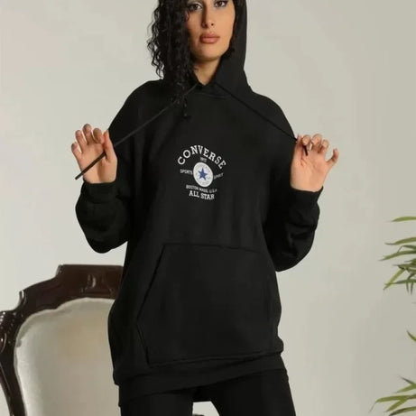 Unisex Kapüşonlu Üç İplik Oversize Baskılı Sweatshirt - Siyah