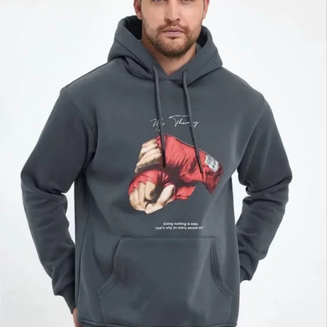 Unisex Kapüşonlu Üç İplik Oversize Baskılı Sweatshirt - Gri