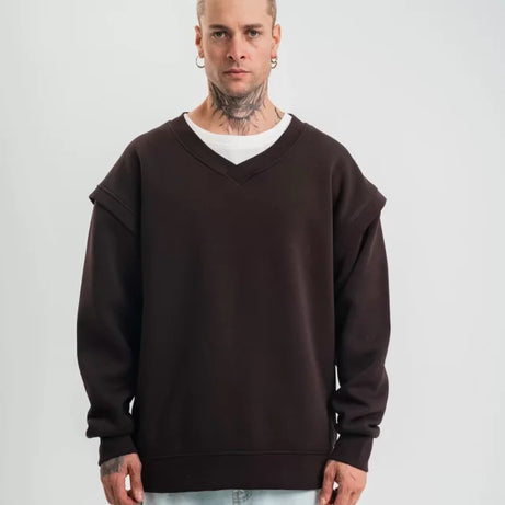 Geniş V Yaka Kol Ribana Detaylı SweatShirt - Kahve