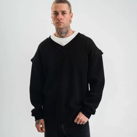 Geniş V Yaka Kol Ribana Detaylı SweatShirt - Siyah