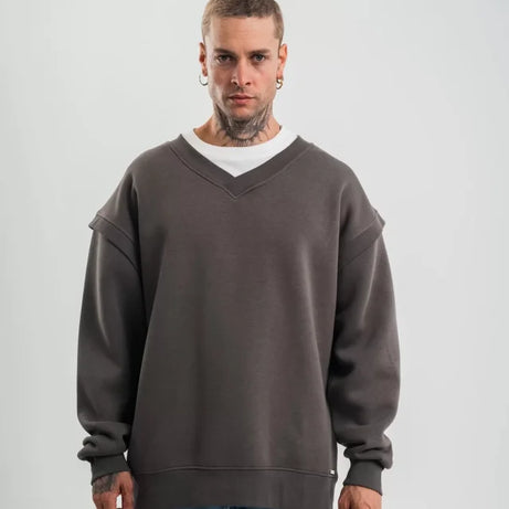 Geniş V Yaka Kol Ribana Detaylı SweatShirt - Füme