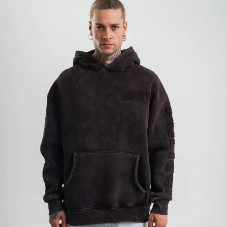 Kapşonlu Double Oversize Yıkamalı  Evalı Nakışlı SweatShirt - Kahve