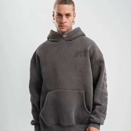 Kapşonlu Double Oversize Yıkamalı Evalı Nakışlı SweatShirt - Füme