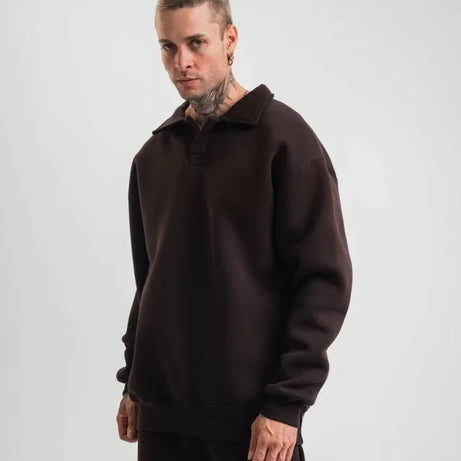 Unisex Double Oversize Patlı Yaka SweatShirt - Kahve