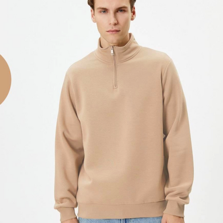 Unisex Uzun Kol Yarım Farmuarlı Yakalı Basic SweatShirt - Bej