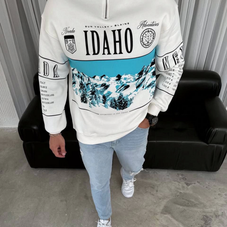 Erkek Yarım Fermuarlı Oversize Baskılı SweatShirt - Beyaz