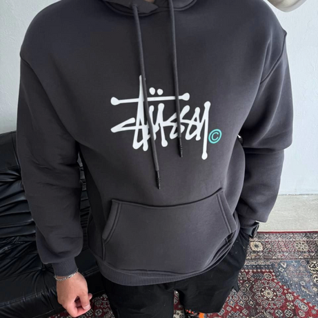 Üç İplik Kapşonlu Baskılı SweatShirt - Füme