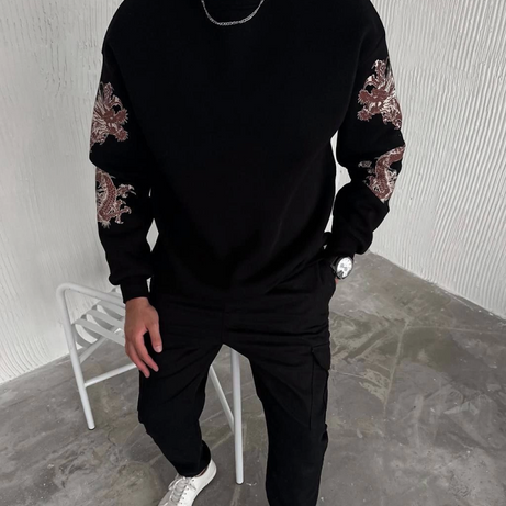 Kışlık Bisiklet Yaka Baskılı SweatShirt - Siyah