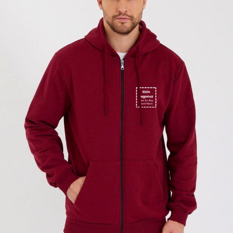 Unisex Tam Fermuarlı Kapşonlu Özel Tasarım SweatShirt - Bordo