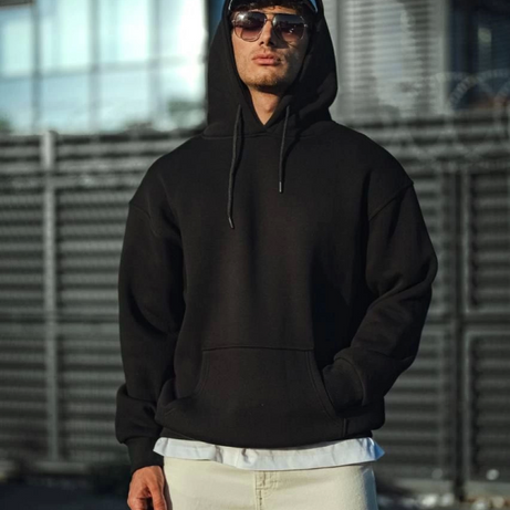 Üç İplik Penye Kapşonlu Basic SweatShirt - Siyah