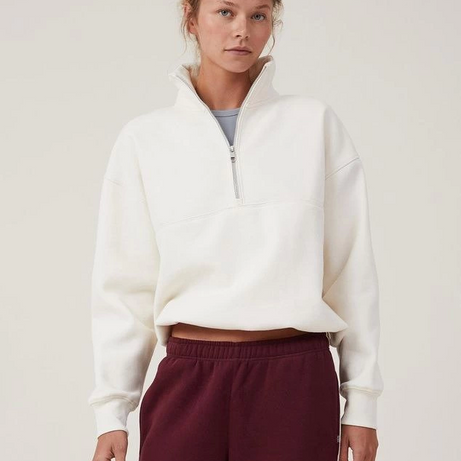 Oversize Yarım Farmuarlı Yakalı Basic SweatShirt - Beyaz