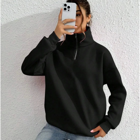 Unisex Uzun Kol Yarım Farmuarlı Yakalı Basic SweatShirt - Siyah