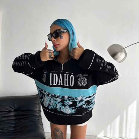 Yarım Fermuarlı Oversize Baskılı SweatShirt - Siyah