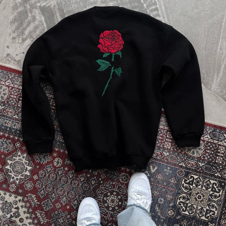 Oversize Üç İplik Bisiklet Yaka Baskılı SweatShirt - Siyah