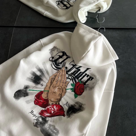 Üç İplik Penye Uzun Kol Kapşonlu Baskılı SweatShirt - Beyaz