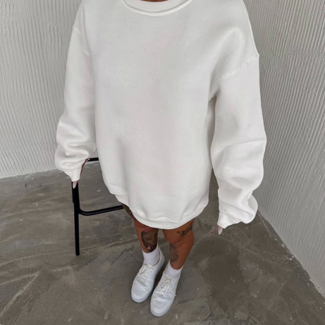 Kışlık Bisiklet Yaka Üç İplik Basic SweatShirt - Beyaz