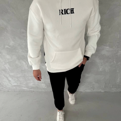 Uzun Kol Kapşonlu Göğüs Baskılı SweatShirt - Beyaz