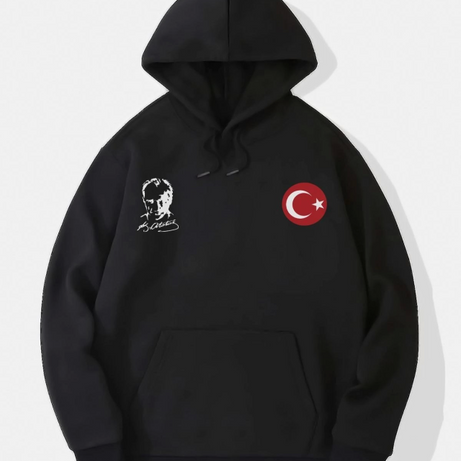 10 Kasıma Özel Üç İplik Kapşonlu Baskılı SweatShirt - Siyah