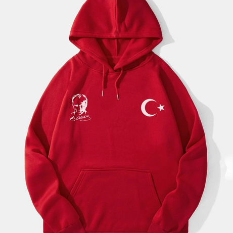 10 Kasıma Özel Üç İplik Kapşonlu Baskılı SweatShirt - Kırmızı