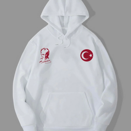 10 Kasıma Özel Üç İplik Kapşonlu Baskılı SweatShirt - Beyaz